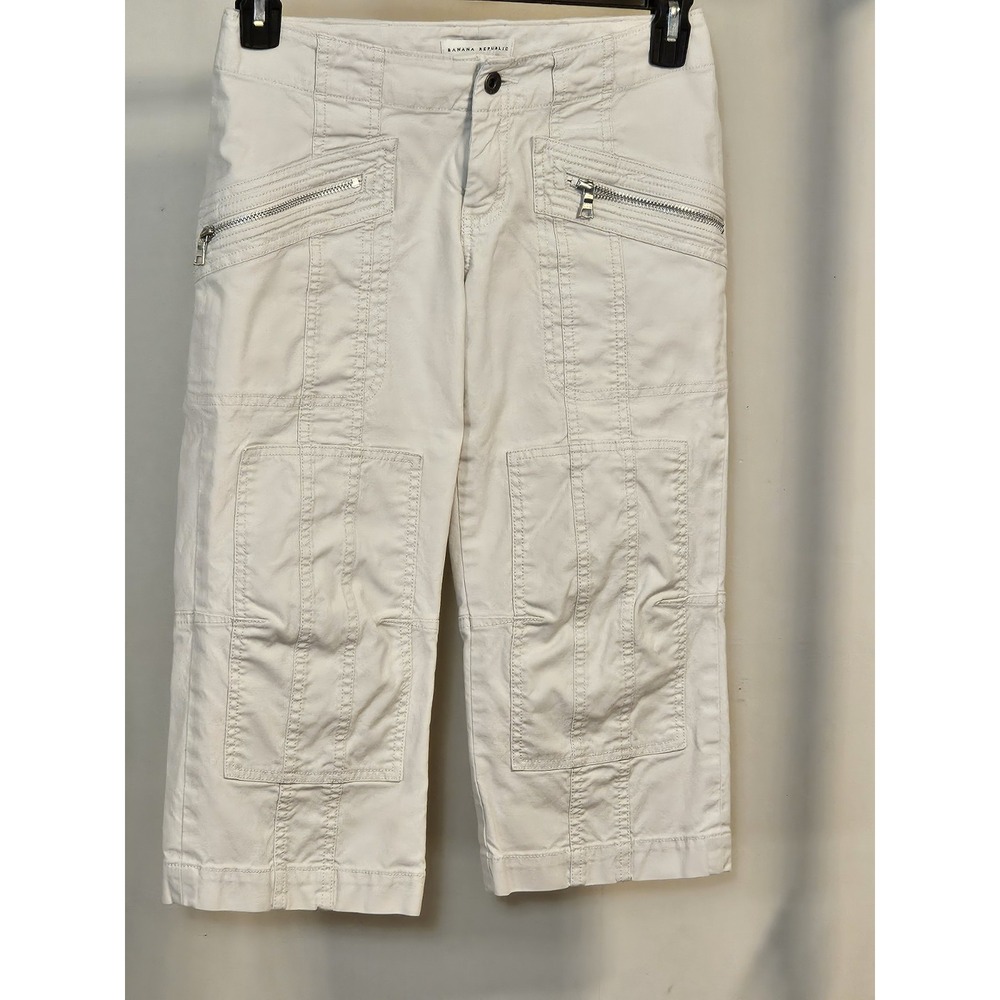 Banana Republic Cargo Capri Pant Women 2P Off White Stretch Utility Crop Pockets